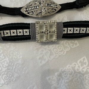 Women’s: Art Deco silver Rhinestone emblished Black Belt . 34 1/4 “